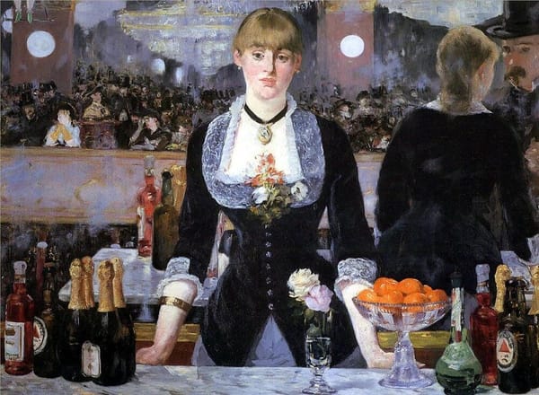 Impressionist painting of a woman standing at a bar lined with flowers, fruit, and bottles