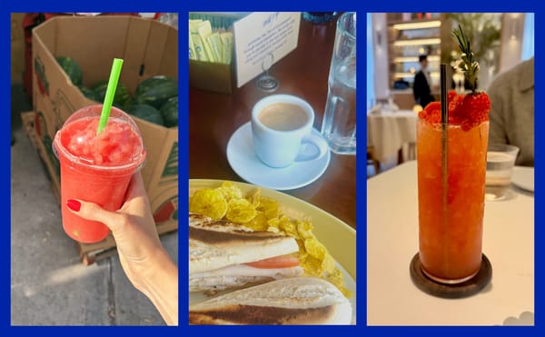 A collage of a watermelon slush, a cafecito, and a strawberry cocktail