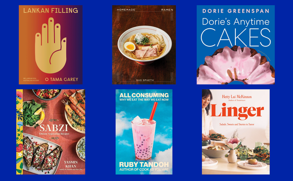 Cookbook covers for Lankan Filling, Homemade Ramen, Dorie's Anytime Cakes, Sabzi, All Consuming, and Linger