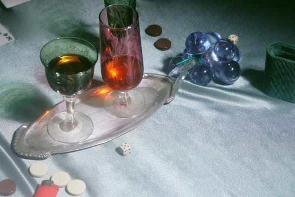 A silver tray with two cordial glasses of liqueur, on a table scattered with playing cards, dice, and a light